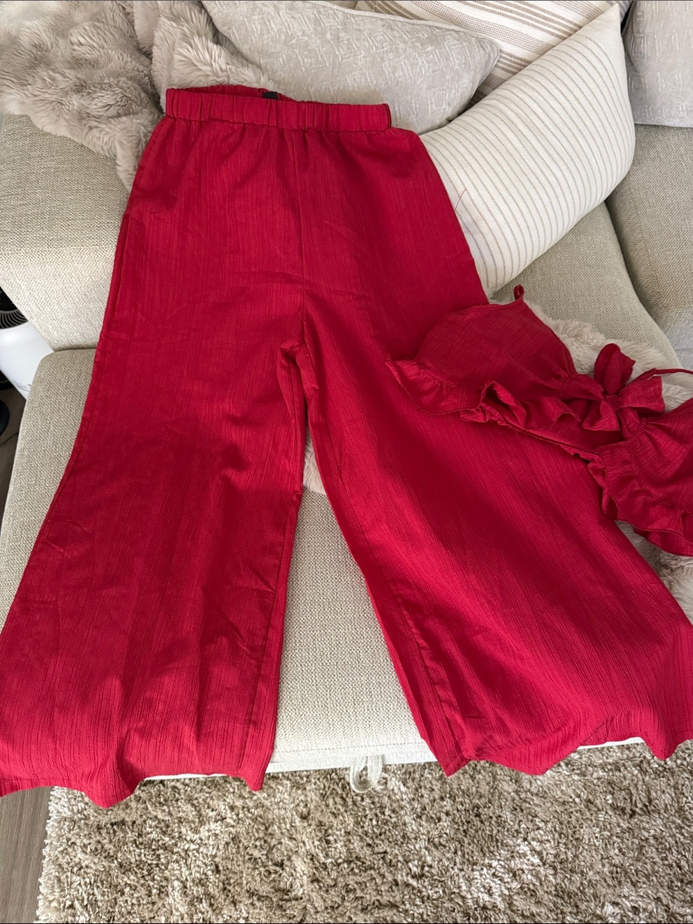 Red Ribbed Tie-Front Crop Top & Matching Pants Set - Picture 2 of 4